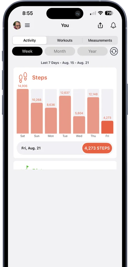 Strive activity screen showing weekly steps on iPhone