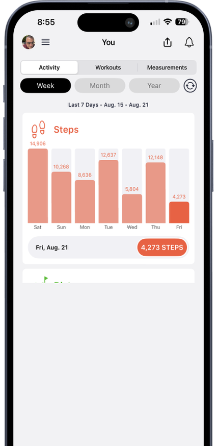Strive activity screen showing weekly steps on iPhone