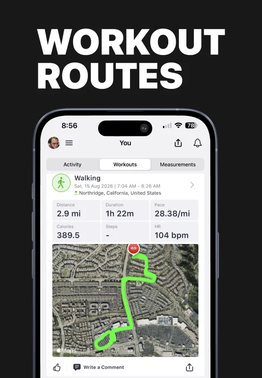 Strive walking workout route with distance, pace, and duration